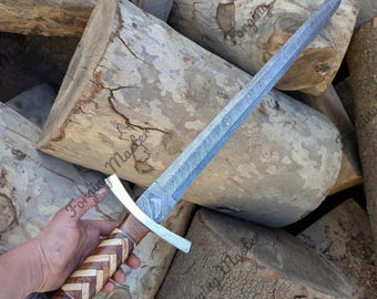 Espada vikinga de acero de Damasco hecha a mano – Réplica medieval de espiga completa