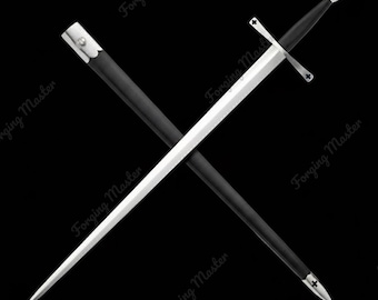 Espada vikinga Shrewsbury hecha a mano: hoja de acero al carbono forjada a mano, empuñadura envuelta en cuero y vaina negra.