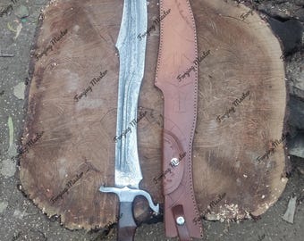 Espada espartana de acero de Damasco forjada a mano con funda de cuero