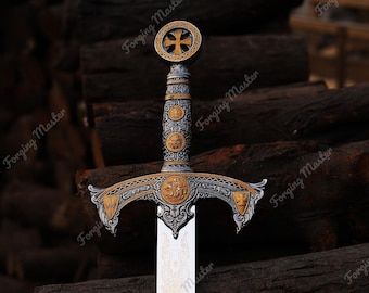 Réplica de espada de caballeros templarios hecha a mano / Decoración de acero medieval sagrado para exhibición / Regalo ornamentado de tamaño completo para él