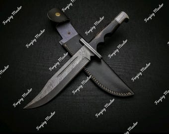 Cuchillo estilo Buck 120 de acero de Damasco – Mango de cuerno de toro, espada de utilería ensangrentada