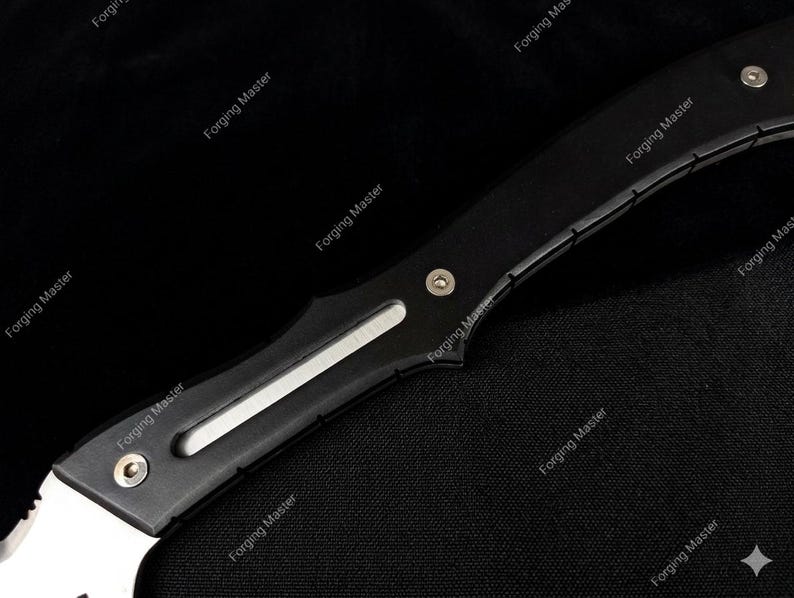 Puede incluir: Primer plano de un cuchillo negro y plateado. El cuchillo tiene una hoja curva y un mango negro con detalles plateados. El texto "Forging Master" est&aacute; impreso en el mango.