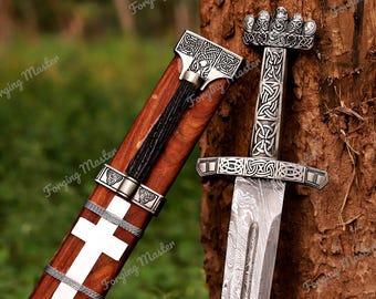 Espada vikinga medieval de acero de Damasco forjada a mano / con vaina decorativa y regalo de colección para él.