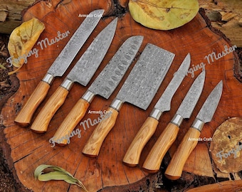 Juego de cocina artesanal estilo Damasco, colección Chef con mangos de madera, juego culinario completo, utensilios de cocina de primera calidad, regalo para el hogar.