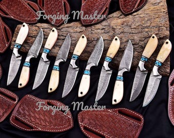 Custom Damascus Knife Set | Camel Bone Turquoise Handle | Leather Sheath