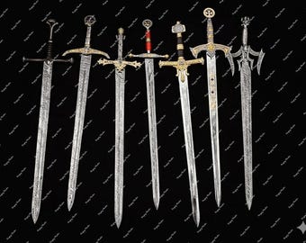 Réplica de 7 espadas de acero de Damasco / Decoración de fantasía de caballero medieval forjada a mano