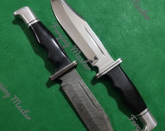 Juego de cuchillos inspirado en Ghost Face: hojas de acero al carbono y acero de Damasco, estilo Buck 120, funda de cuero.