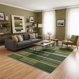 May include: A modern living room with a green and yellow striped rug, a gray sofa with yellow and patterned pillows, and a wooden coffee table. The walls are olive green, and there are white curtains and a green armchair.