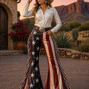 Op de afbeelding: Een vrouw draagt een crèmekleurig overhemd, een cowboyhoed en een uitlopende broek. De broek heeft een ontwerp van blauw met witte sterren en rood-witte strepen, met franjes aan de zijkanten. Een bruine riem met een grote gesp maakt de look compleet.