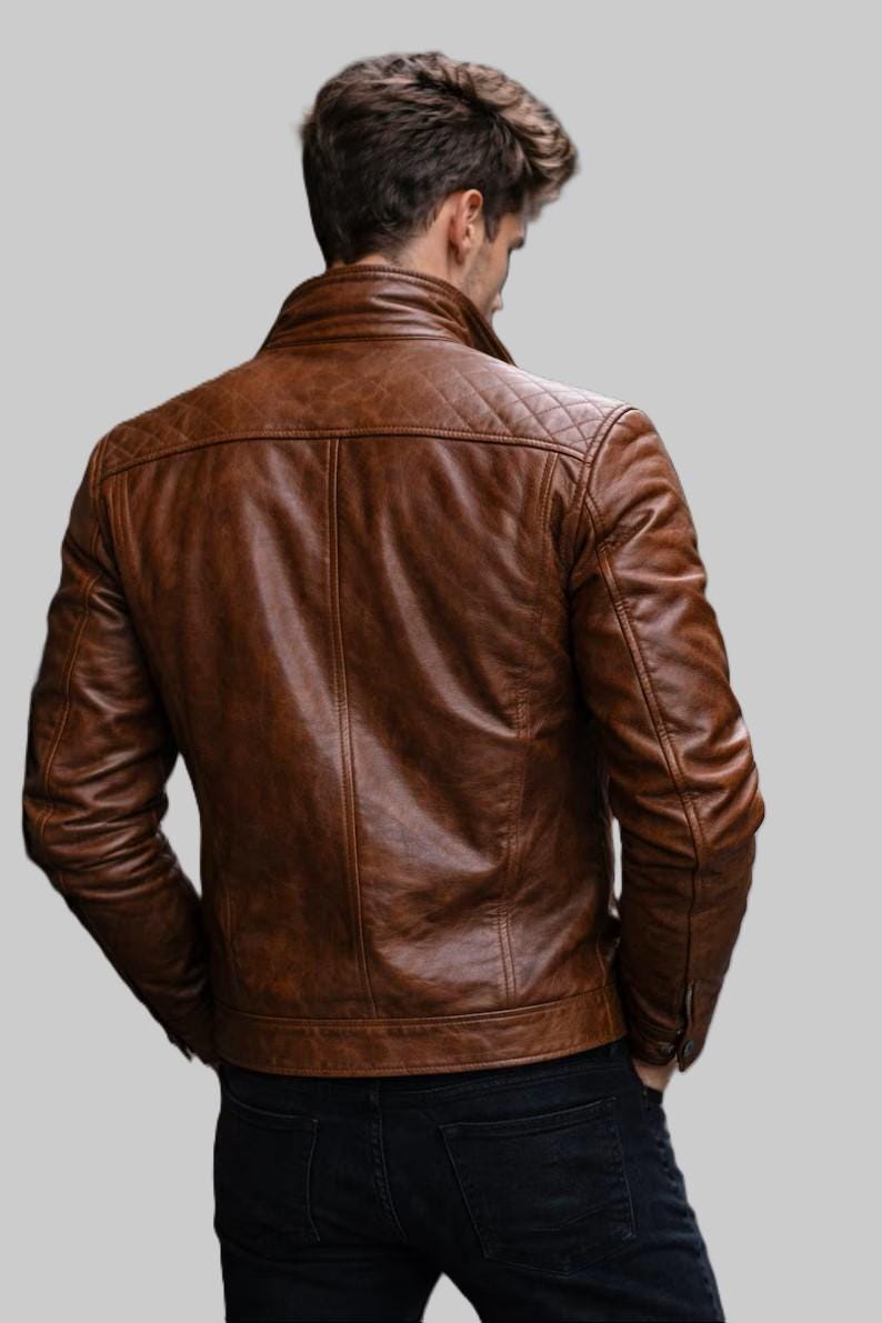 メンズ本革ジャケット - ヴィンテージスリムフィットバイカーモーターサイクルジャケット 画像 3