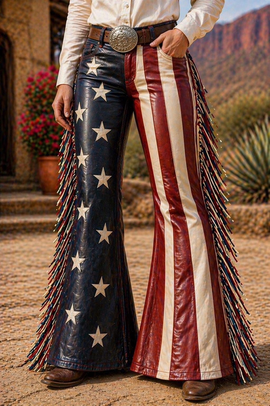 Cowgirl Leather Pants - Western Bell Bottom Fringe American Flag Rodeo ...
