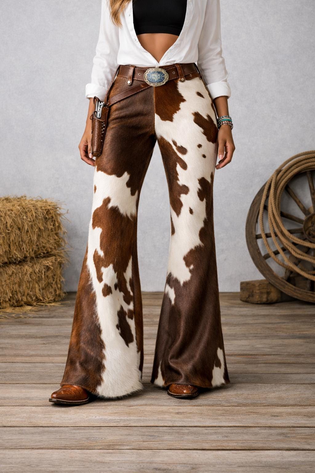 Women's Cowhide Leather Pant - Western Flare Pants, Handmade Cow