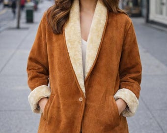 Women’s Suede Leather Coat, Faux Fur Shearling Warm Winter Jacket