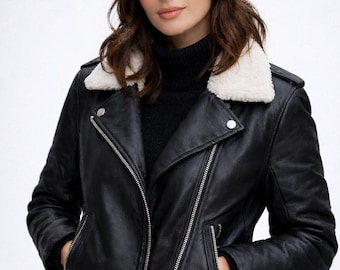 Women’s Leather Jacket - Faux Fur Shearling Lining Aviator Moto Biker Coat