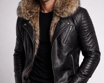 Echte Lederjacke für Herren - Handgefertigter Kunstpelzkragen Biker Zip Up Mantel
