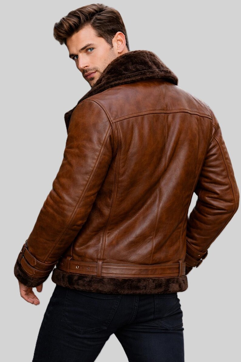 Herren Leder Bikerjacke - Kunstpelz Shearling Aviator Futter Moto Coat Bild 3