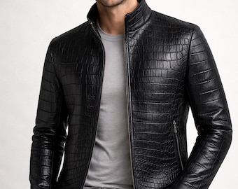 Men Crocodile Embossed Leather Jacket - Black Designer Biker Slim Fit Fashion