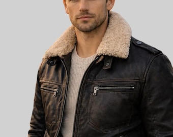 Men’s Cowhide Leather Jacket with Faux Fur Shearling Collar Vintage Moto Biker Coat