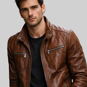 メンズ本革ジャケット - ヴィンテージスリムフィットバイカーモーターサイクルジャケット Brown