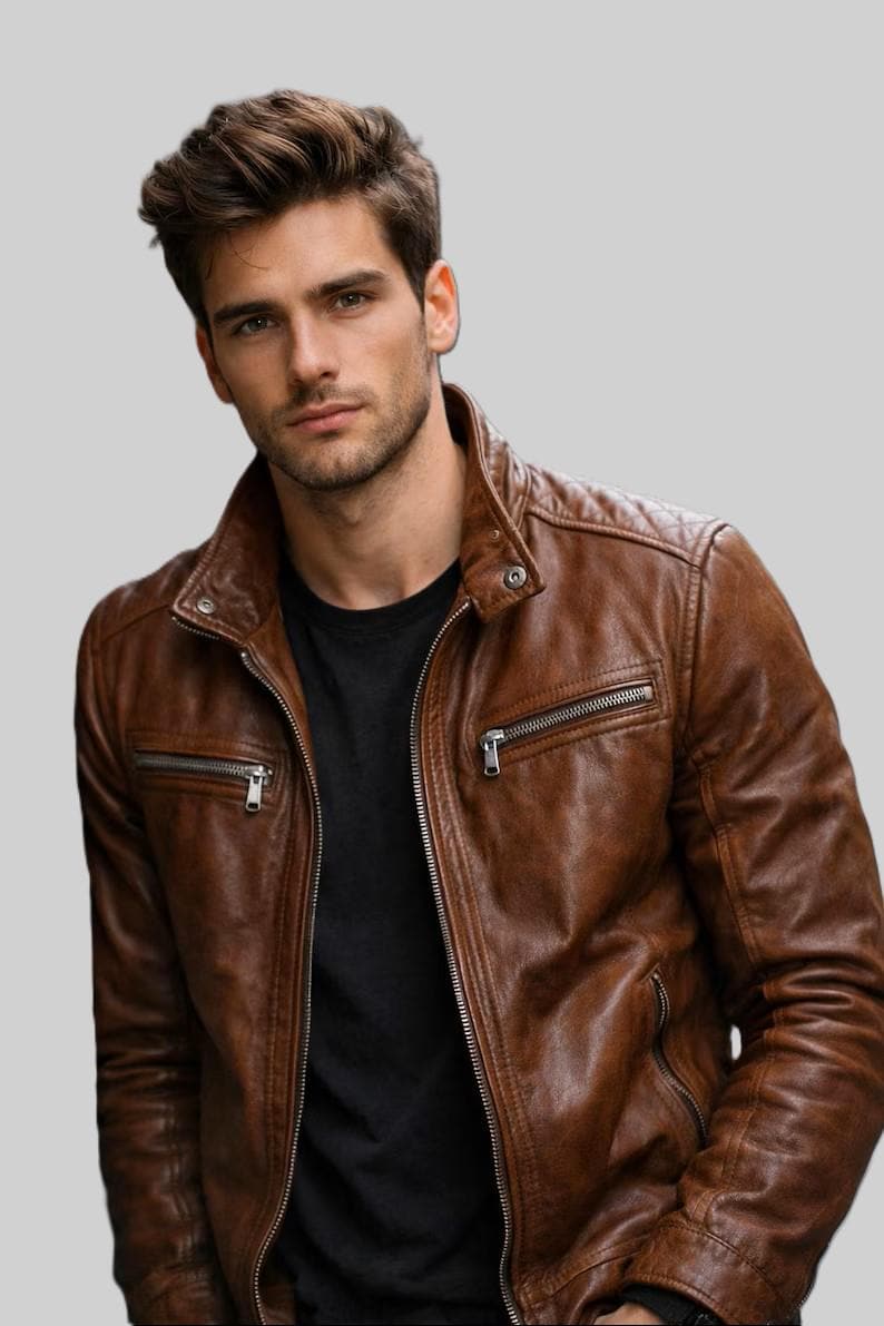 メンズ本革ジャケット - ヴィンテージスリムフィットバイカーモーターサイクルジャケット Brown