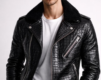 Mens Crocodile Print Leather Jacket Genuine Designer Motorcycle Biker Jacket