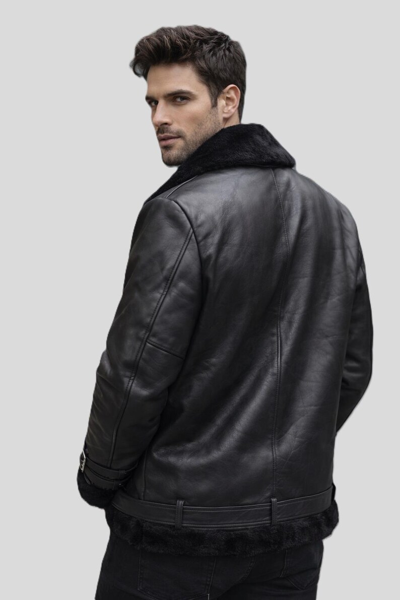 Herren Leder Bikerjacke - Kunstpelz Shearling Aviator Futter Moto Coat Bild 5