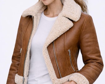 Women's Leather Biker Jacket With Faux Fur | Shearling Aviator Western Coat