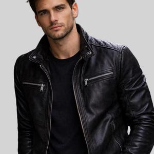 メンズ本革ジャケット - ヴィンテージスリムフィットバイカーモーターサイクルジャケット Black