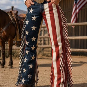 Könnte beinhalten: Jeanshose mit patriotischem Design der amerikanischen Flagge. Das linke Bein ist marineblau mit weißen Sternen, und das rechte Bein hat rote und weiße Streifen. Die Hose hat lange Fransen entlang der äußeren Nähte.