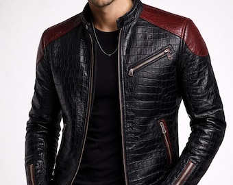 Men’s Crocodile Embossed Leather Jacket | Slim Fit Biker Jacket | Handmade Coat