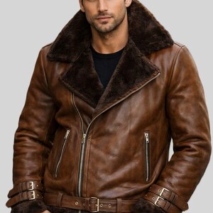 Herren Leder Bikerjacke - Kunstpelz Shearling Aviator Futter Moto Coat Brown