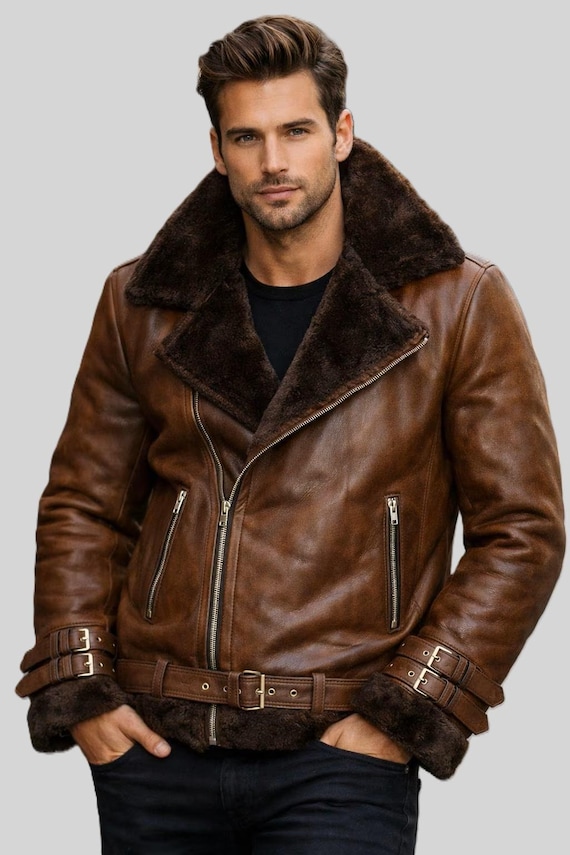 Men’s Leather Jacket – Faux Shearling Biker Aviator with Fur Lining Moto Coat