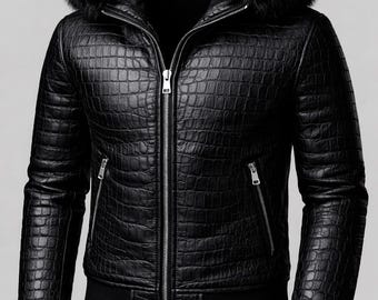 Men's Crocodile Embossed Leather Jacket with fur Hooded & Bomber Winter Wear