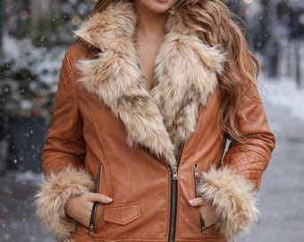 Women’s Leather Jacket with Fur Trim | Faux Fur Shearling Lined Warm Coat