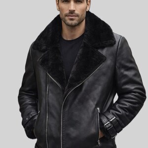 Herren Leder Bikerjacke - Kunstpelz Shearling Aviator Futter Moto Coat Black