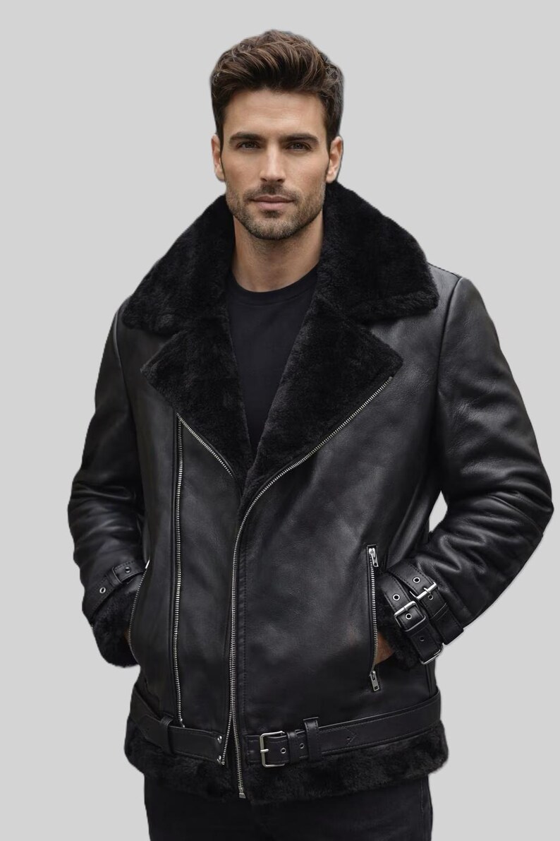 Herren Leder Bikerjacke - Kunstpelz Shearling Aviator Futter Moto Coat Black