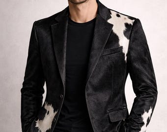 Men Genuine Leather Cowhide Blazer Jacket Black White Western Style Coat