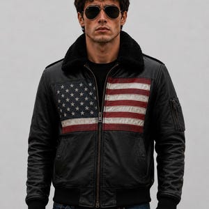 Herrskinnsbomberjacka | Mönster med amerikansk flagga | Aviatorjacka i militärstil