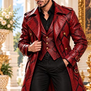 Puede incluir: Una gabardina roja y negra con estampado de piel de serpiente sobre un chaleco texturizado a juego, una camisa negra abotonada y pantalones negros. El abrigo presenta solapas anchas, charreteras en los hombros y botones dorados en el frente.