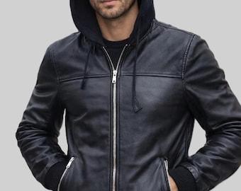 Men’s Cowhide Leather Hooded Jacket, Handmade Zip Up Biker Motorcycle Coat