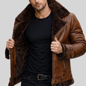 Herren Leder Bikerjacke - Kunstpelz Shearling Aviator Futter Moto Coat Bild 2