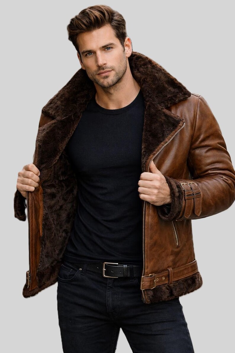 Herren Leder Bikerjacke - Kunstpelz Shearling Aviator Futter Moto Coat Bild 2