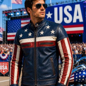 May include: A blue leather jacket with white stars and red and white stripes. The jacket has a zipper closure and a stand-up collar. The jacket is worn by a person wearing sunglasses.