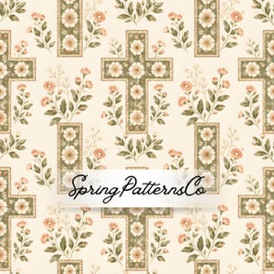 Op de afbeelding: Een herhalend patroon op een crèmekleurige achtergrond met groene kruisvormen gevuld met witte bloemen, afgewisseld met takjes roze en witte bloesems. Een wit rechthoekig kader toont de tekst SpringPatternsCo.
