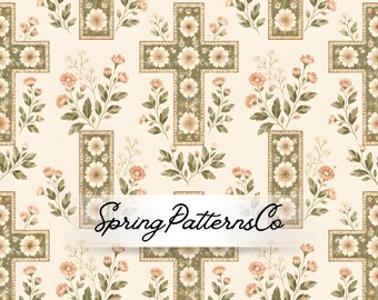 Floral Cross Seamless Pattern, Christian Faith Repeat Pattern, Fabric Design, Digital Paper