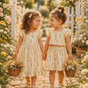 K&ouml;nnte beinhalten: Zwei Kinder in passenden cremefarbenen Outfits mit gelb-gr&uuml;nem Weizenmuster. Ein Kind tr&auml;gt ein &auml;rmelloses Kleid mit ger&uuml;schten Schultern, das andere ein passendes Set aus bauchfreiem Oberteil und Rock. Beide tragen kleine geflochtene K&ouml;rbe.
