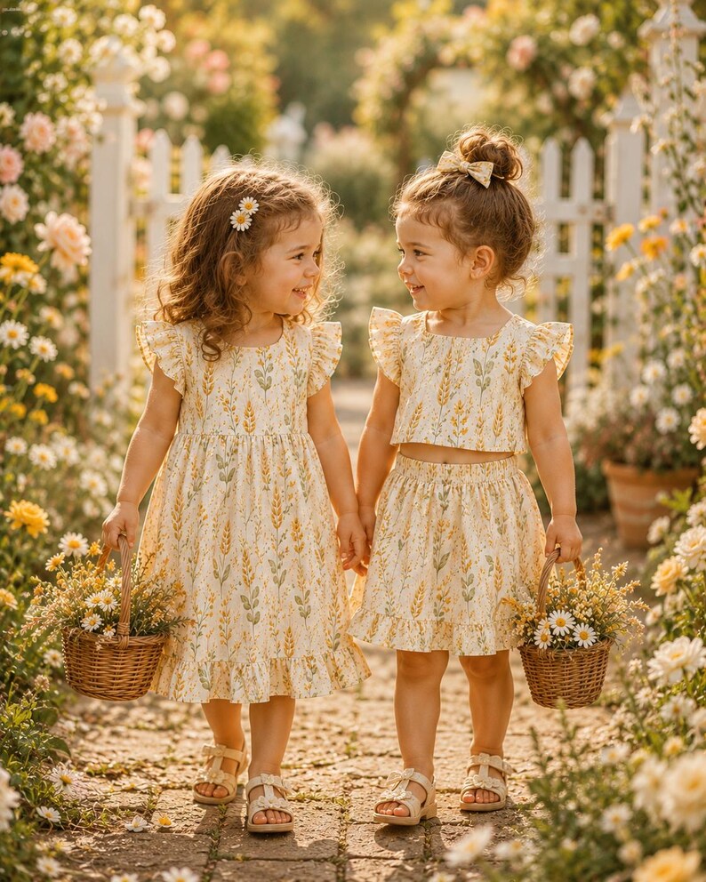 K&ouml;nnte beinhalten: Zwei Kinder in passenden cremefarbenen Outfits mit gelb-gr&uuml;nem Weizenmuster. Ein Kind tr&auml;gt ein &auml;rmelloses Kleid mit ger&uuml;schten Schultern, das andere ein passendes Set aus bauchfreiem Oberteil und Rock. Beide tragen kleine geflochtene K&ouml;rbe.