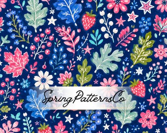 trawberry Floral Seamless Pattern, Repeat Pattern, Fabric Design, Digital Paper