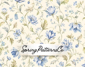 Blue Floral Seamless Pattern, Botanical Digital Paper, Vintage Flower Fabric Design, Repeat Pattern