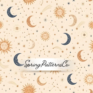 May include: A celestial pattern featuring suns, moons, stars, and constellations in shades of beige, brown, and navy blue. The design includes the text "Spring PatternsCo" in a banner across the image.